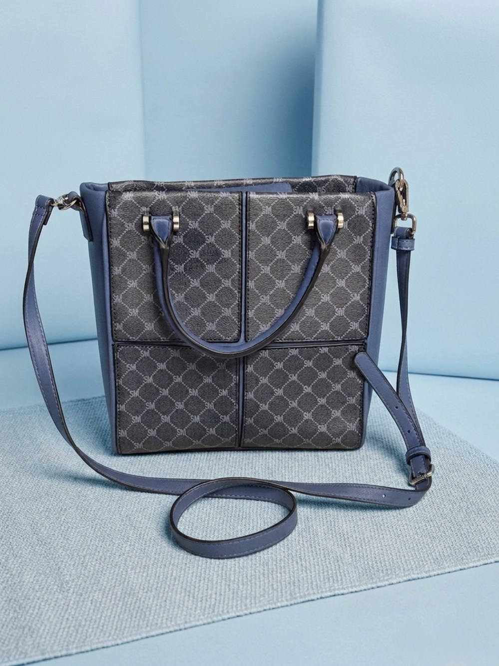 Steve Madden Monogram Satchel in Charcoal & Blue